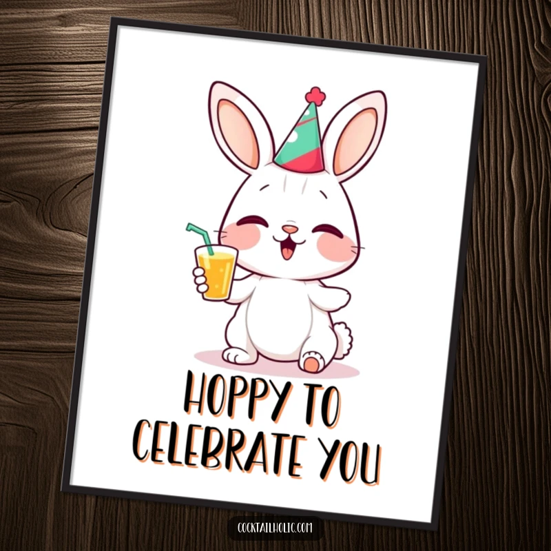 Funny free printable wall art: a giggling bunny in a party hat holds a drink, radiating pure joy.