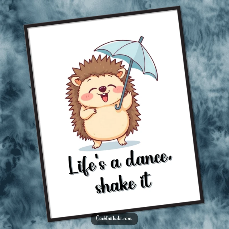 Funny Free Printable Wall Art: A gleeful hedgehog caught mid-silly dance, happily holding a tiny umbrella, bringing cheer.