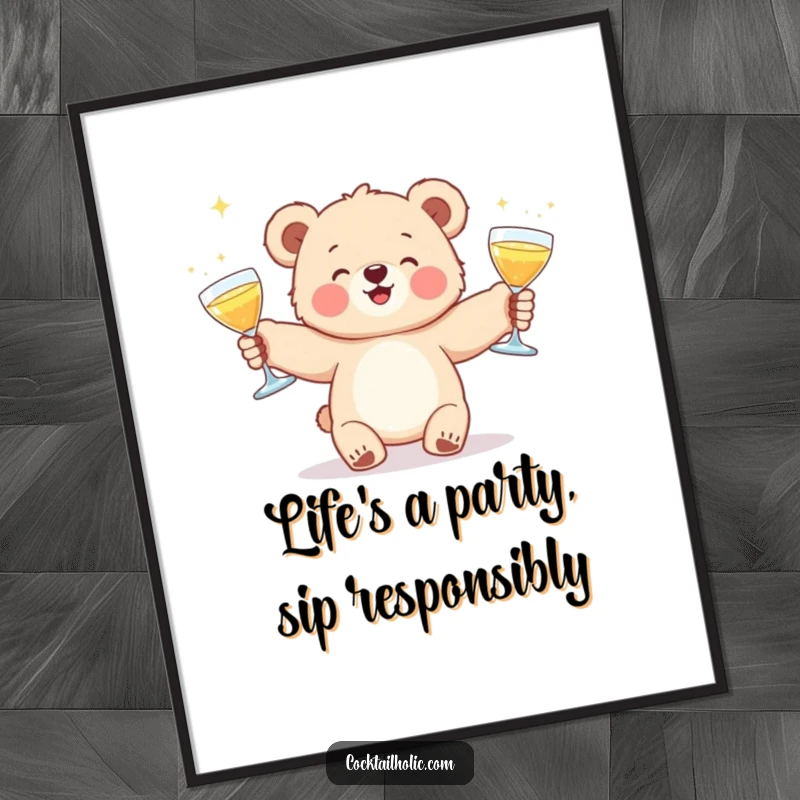 Funny Free Printable Wall Art: A fluffy bear cub ecstatic while juggling three glistening cocktail glasses, ready for fun.
