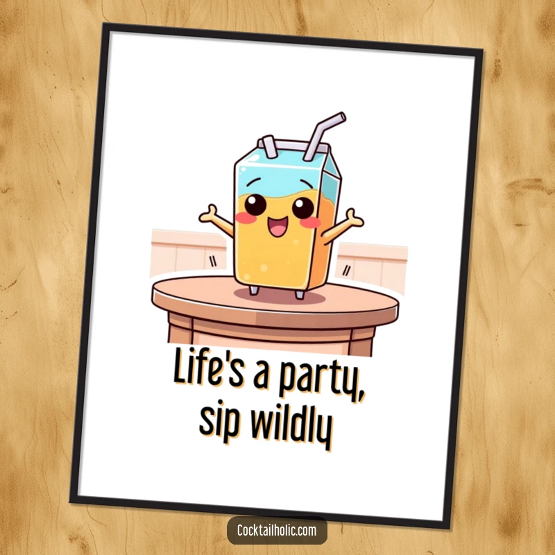 Funny Free Printable Wall Art: A mischievous juice box with a straw leaping from a table, adding playful energy.