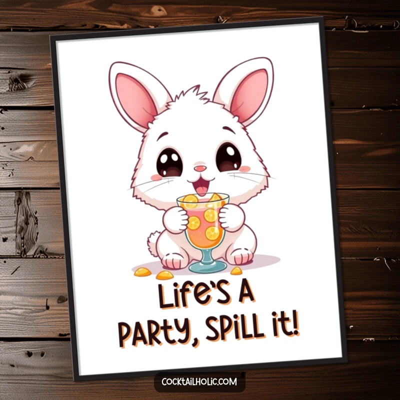 Funny Free Printable Bunny Wall Art: A fluffy cartoon bunny with oversized eyes joyfully spills a cocktail, creating a humorous scene.