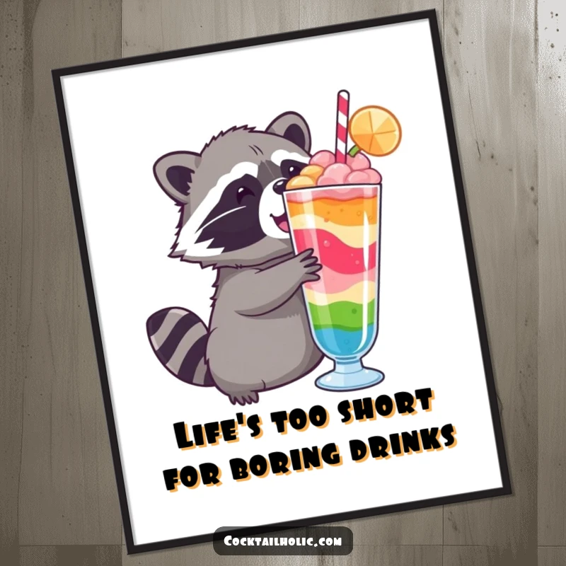 Funny Free Printable Wall Art: A determined raccoon eagerly reaching for a tall, colorful layered drink in a humorous pose.