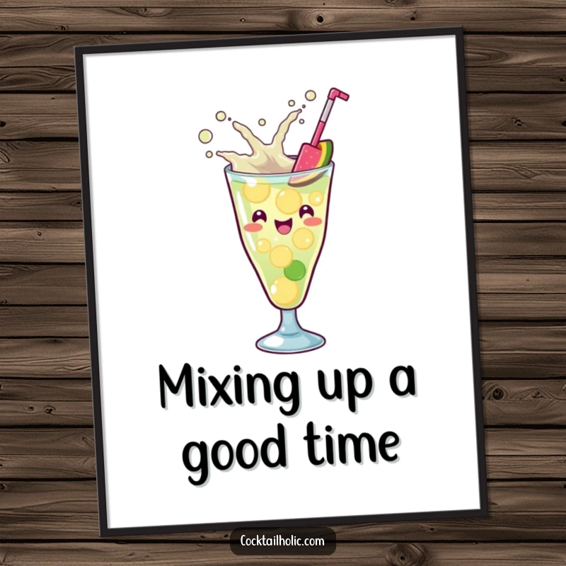 Funny free printable wall art: a kawaii cocktail glass creatively mixing ingredients with a lively splash, full of fun.