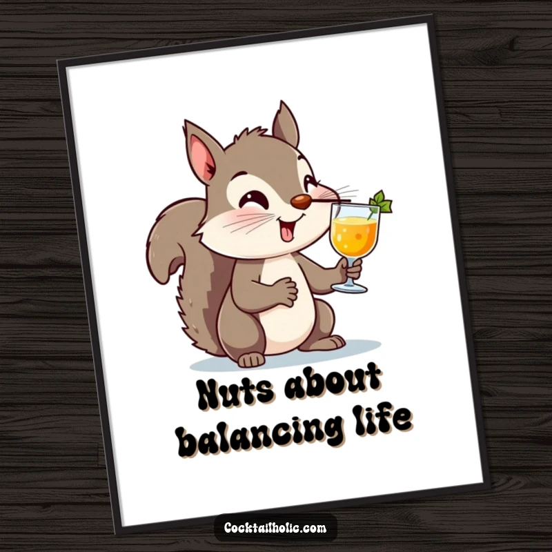 Funny Free Printable Wall Art: A mischievous squirrel character concentrating intensely, balancing a cocktail glass on its nose, a truly unique art piece.