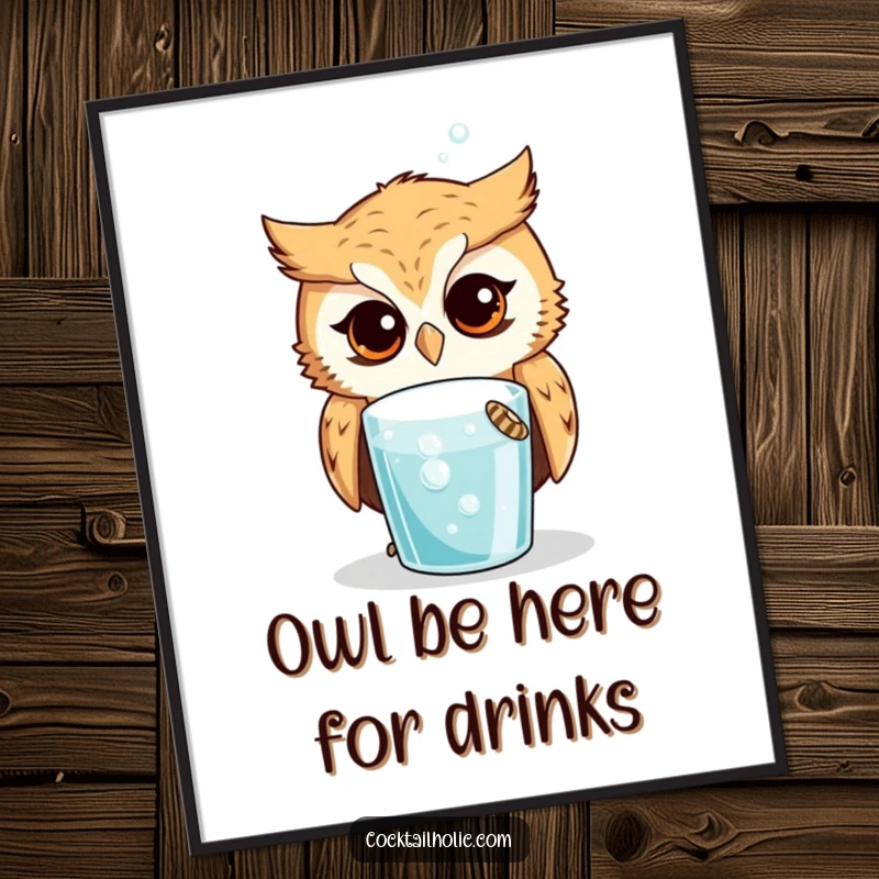 Funny Free Printable Wall Art: Curious owl looking intently at a bubbling, mysterious drink, adding an intriguing touch.