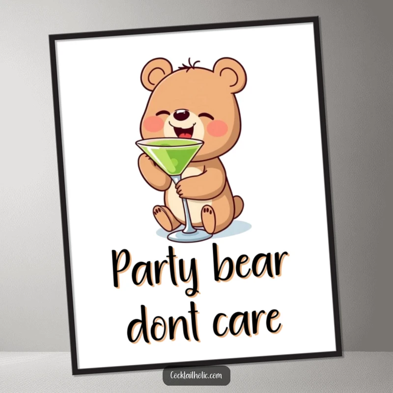 Funny free printable wall art: a whimsical bear enjoys a tiny martini, radiating cool vibes.