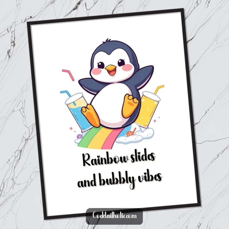 Funny Free Printable Penguin Wall Art: Cheerful penguin slides down a vibrant rainbow of fizzy drinks, bringing playful vibes.