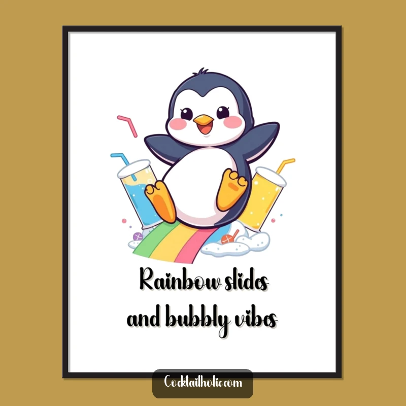 Free Printable Penguin Wall Art: Funny Rainbow Drinks Laugh Downloadable Decor