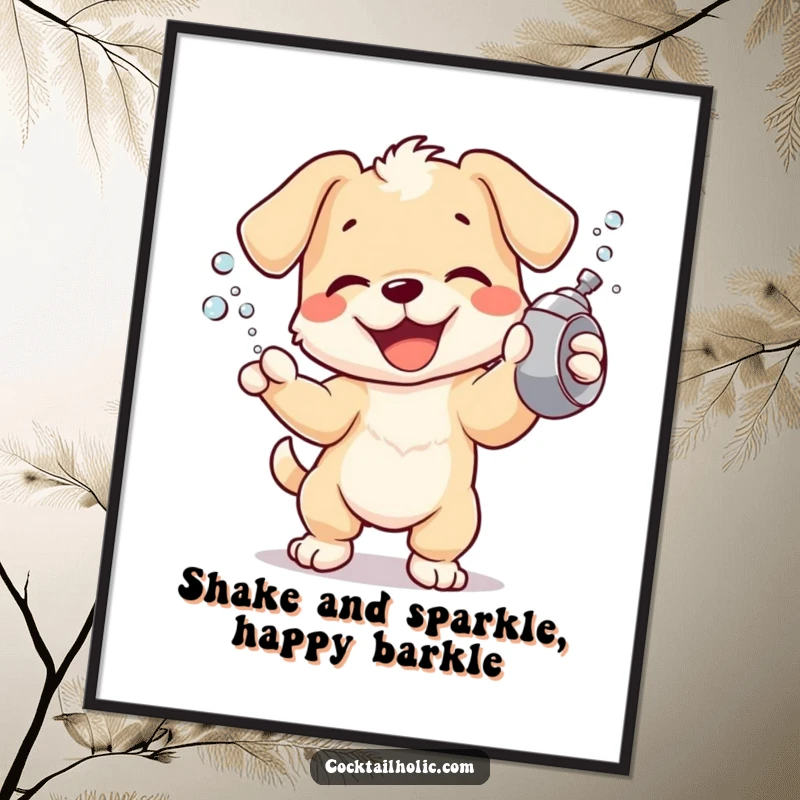 Funny Free Printable Wall Art: A joyful puppy exuberantly shakes a cocktail shaker, creating a bubbly, happy scene.