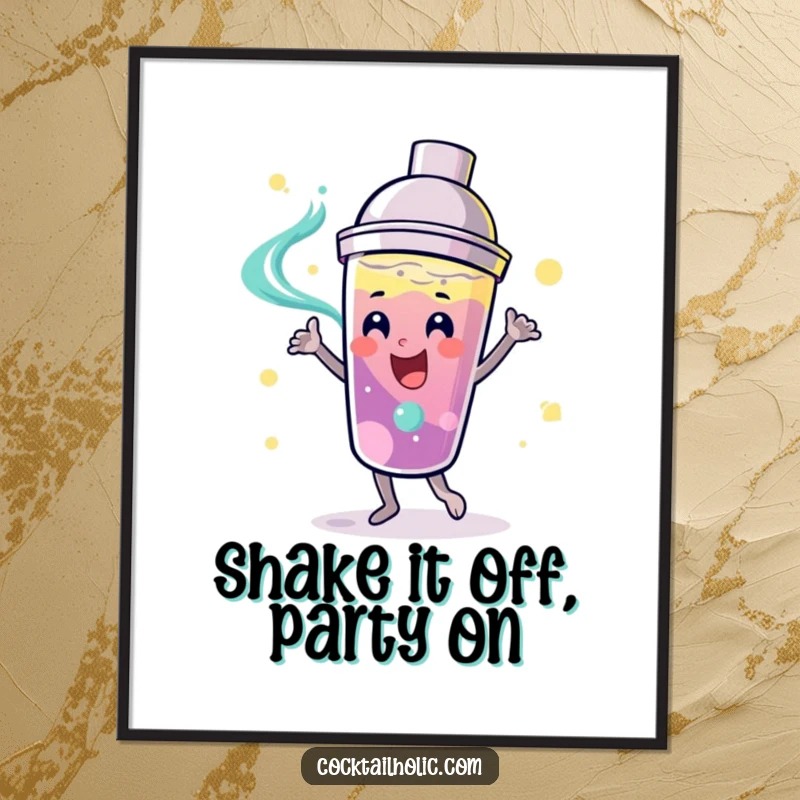 Funny Free Printable Wall Art of a smiling cocktail shaker dancing with swirling liquid, bringing bar-worthy fun.