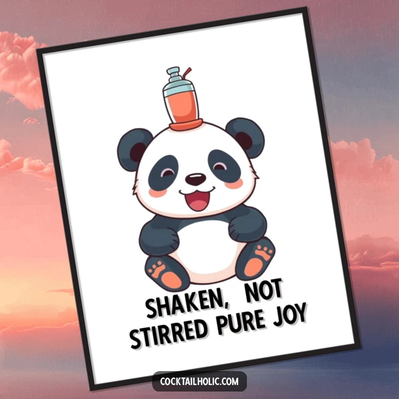 Funny Free Printable Wall Art: A delighted panda comically balancing a tiny cocktail shaker on its head, adding quirky charm.