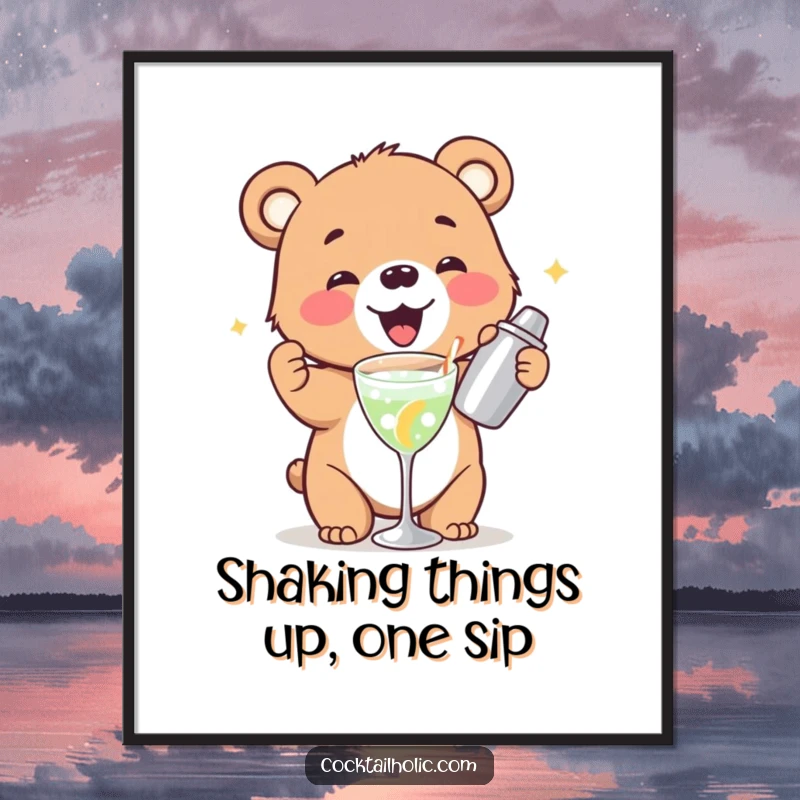 Funny Free Printable Wall Art: A tiny bear cub gleefully shaking a cocktail shaker, bringing joy.