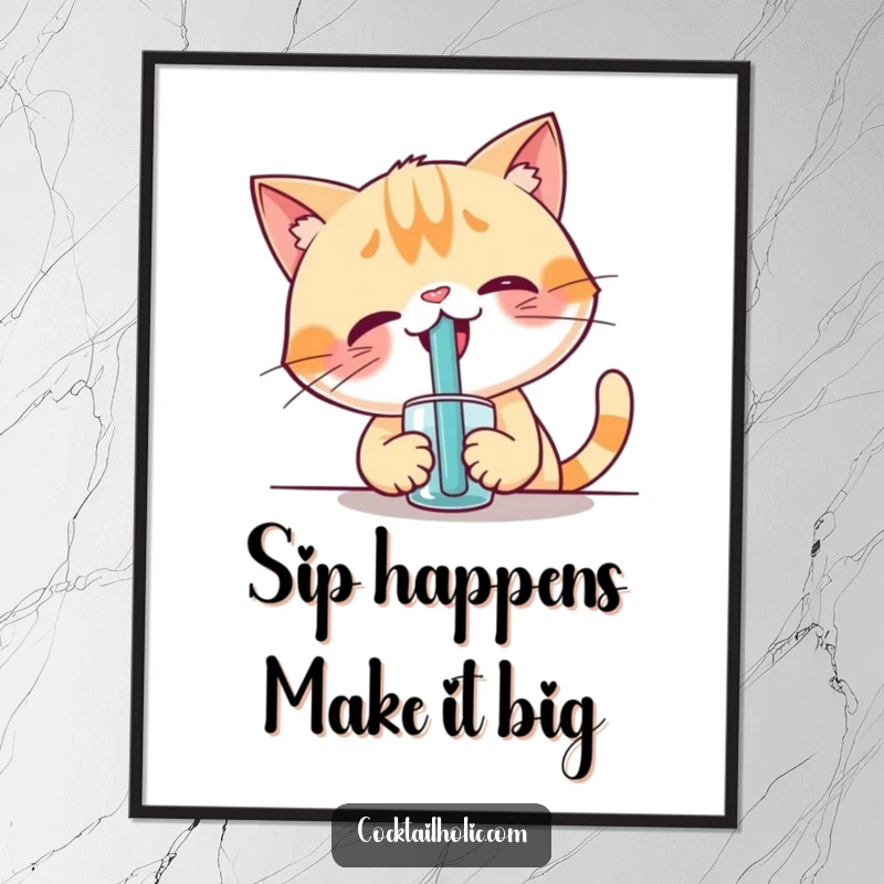 Funny Free Printable Cat Wall Art: Giggling cat hilariously attempts to sip from an oversized straw, bringing fun vibes.