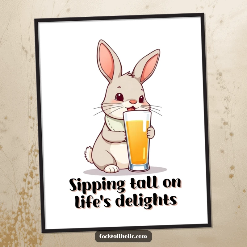 Funny Free Printable Wall Art: A curious bunny wearing a tiny bib attempts to drink from a comically tall glass.