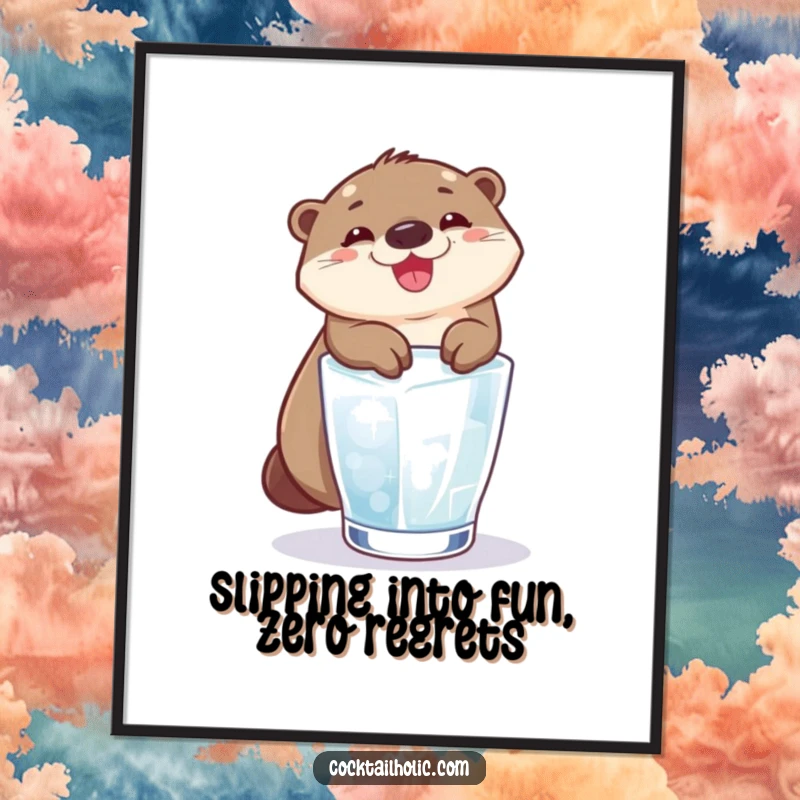 Funny Free Printable Wall Art: A happy otter slides down an ice cube into a glass with a big smile.