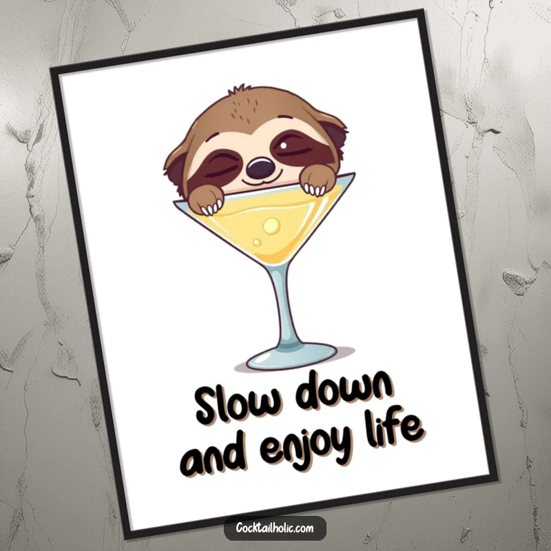 Funny Free Printable Wall Art: A sleepy sloth with wide, ecstatic eyes peeking over a colossal martini glass, embodying relaxation.