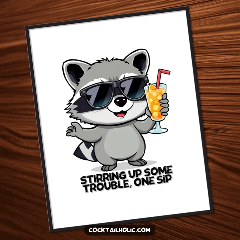 Funny Free Printable Wall Art: A mischievous raccoon wearing sunglasses sips a cocktail with a cool smirk.