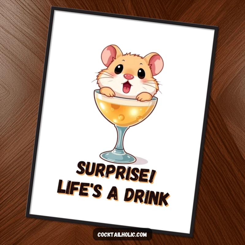 Funny Free Printable Wall Art: A surprised hamster character comically popping out of a miniature cocktail glass, a quirky decor accent.