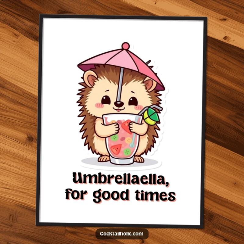 Funny Free Printable Wall Art: A happy hedgehog balancing a tiny umbrella inside a colorful fruity drink.