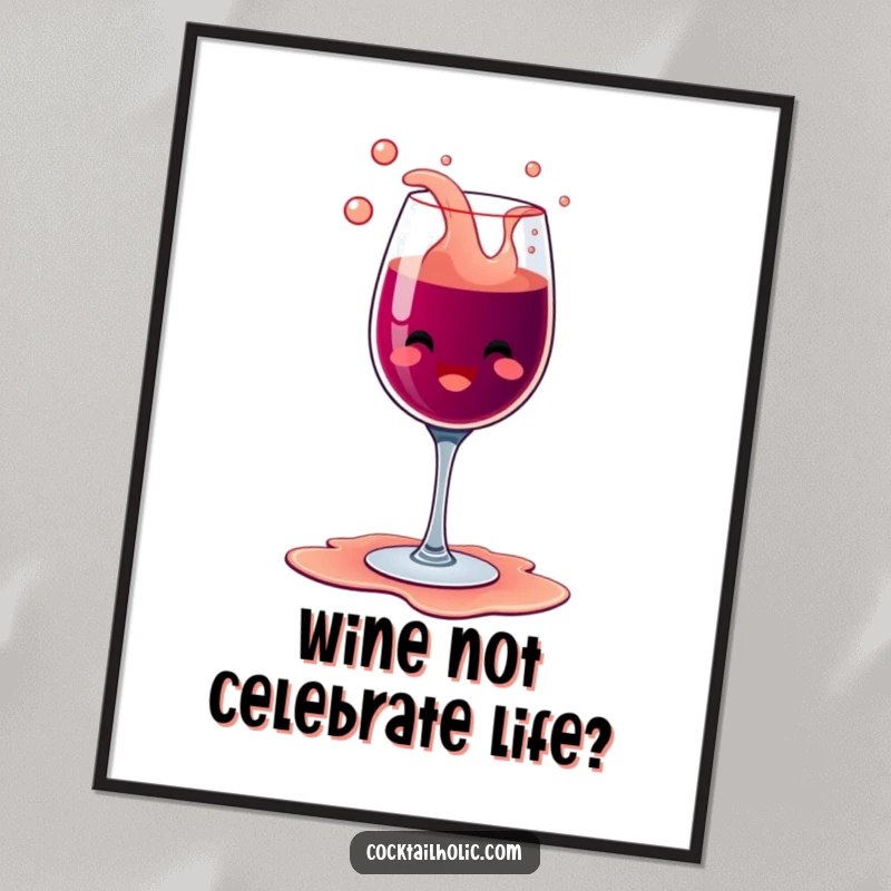 Funny Free Printable Wall Art of a happy wine glass with bubbly overflow spilling its contents with glee, perfect for a bar.