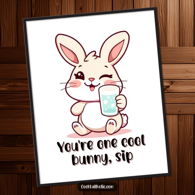 Funny Free Printable Wall Art: Cheerful rabbit winking with a frosted glass, embodying playful sophistication and a hint of mischief.