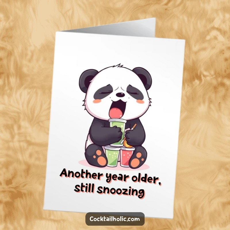 Funny Free Printable Birthday Card: A sleepy panda yawns while balancing a precarious stack of mini drinks, wishing happy birthday.