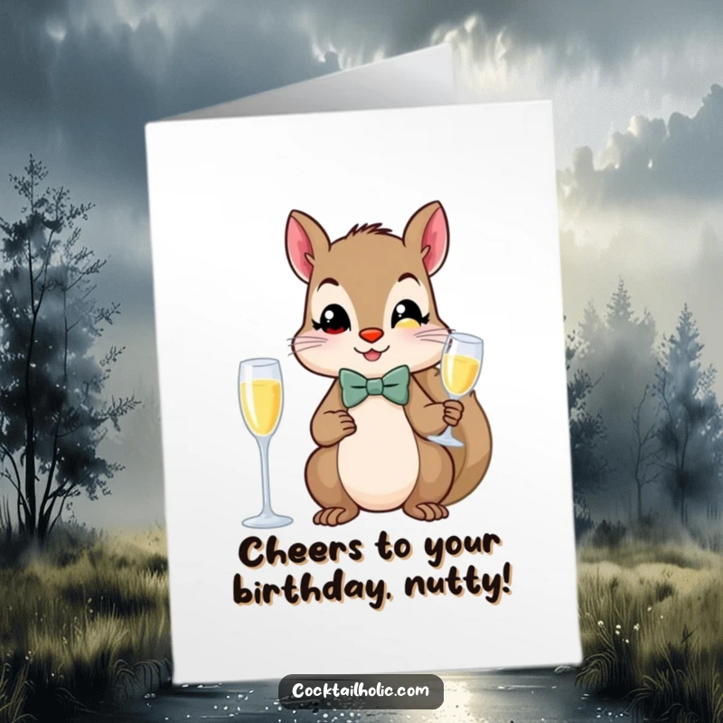 Funny Free Printable Birthday Card: Squirrel in bow tie holding champagne, a sophisticated and humorous birthday greeting.
