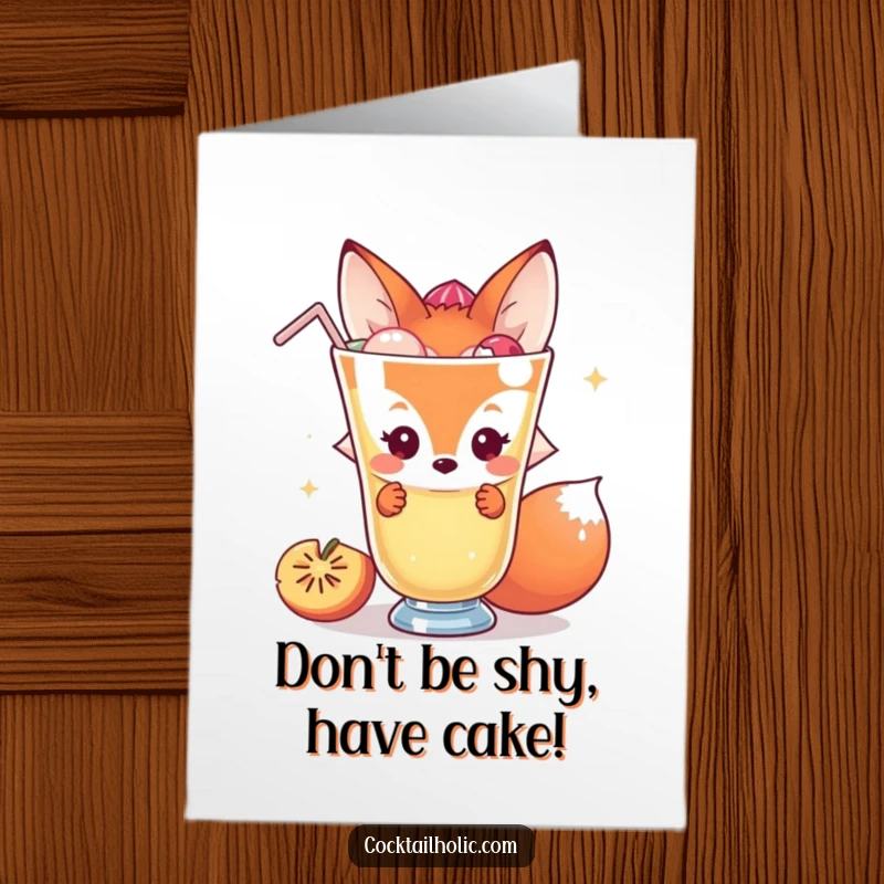 Funny Free Printable Birthday Card: Shy fox peeking from behind a giant cocktail, offering a hidden happy birthday wish.