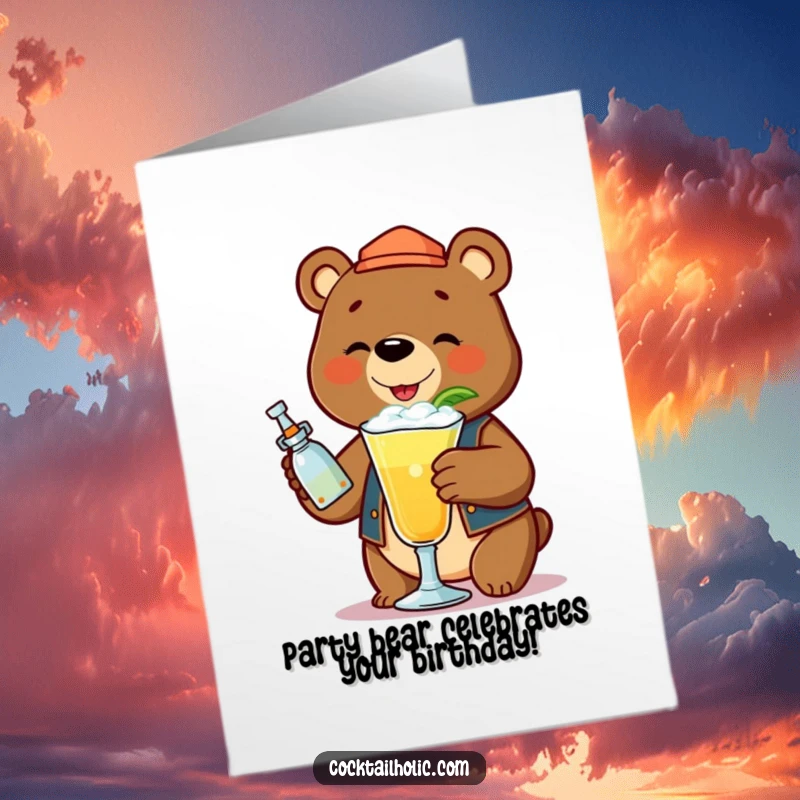 Funny Free Printable Birthday Card: Bear bartender shaking a cocktail with froth, a fun and festive birthday wish.