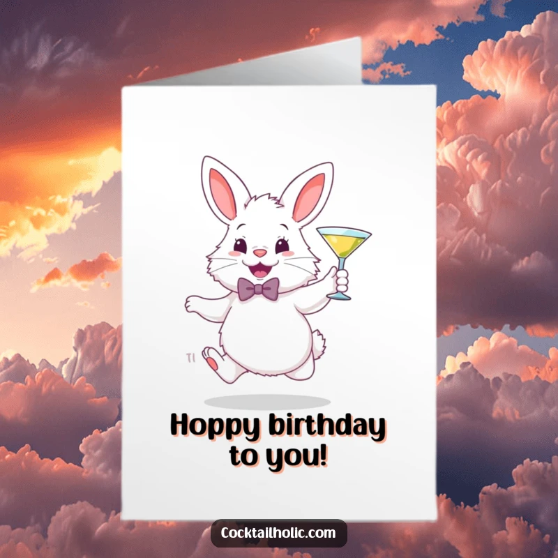 Funny Free Printable Birthday Card: A fluffy white bunny in a bowtie gleefully hops with a tiny martini glass.
