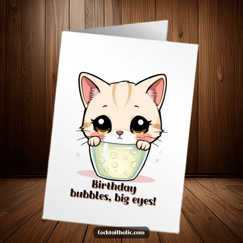 Funny Free Printable Birthday Card: A curious cat with wide eyes intently peering into a mysterious, bubbling drink, hinting at fun.