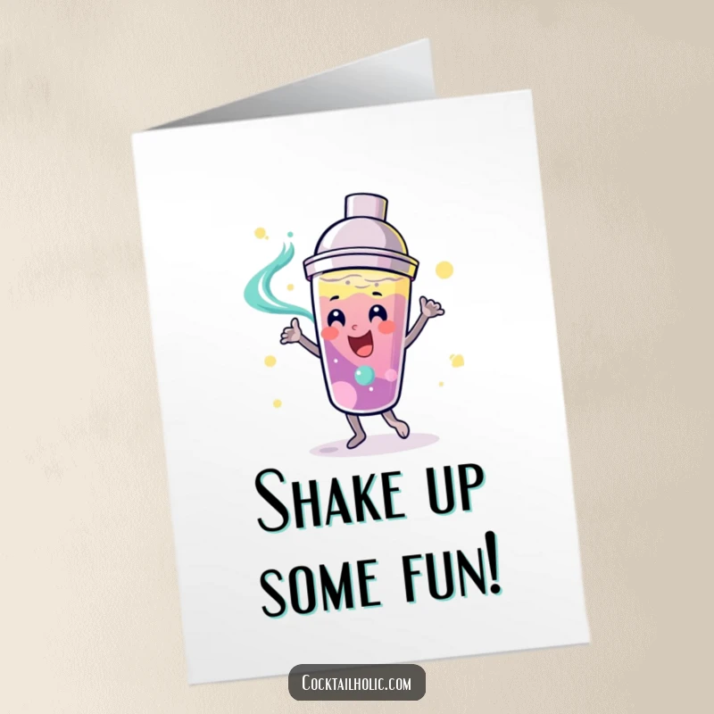 Funny Free Printable Birthday Card of a smiling cocktail shaker dancing energetically with swirling liquid, ready to celebrate.
