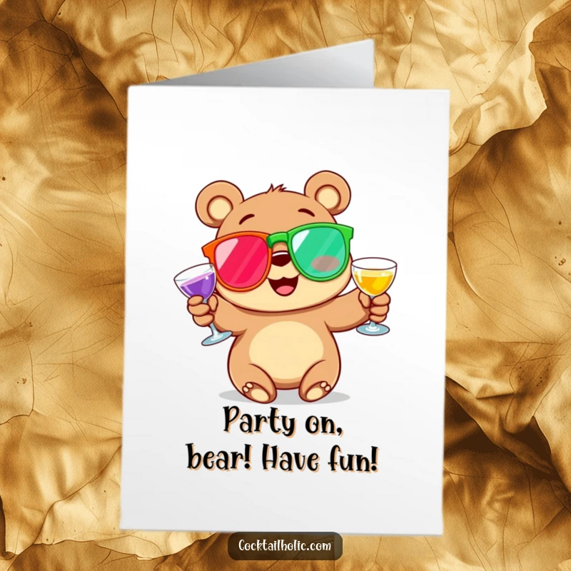 Funny Free Printable Birthday Card: Happy bear with rosy cheeks juggling oversized cocktail glasses with glee.