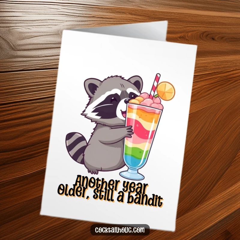 Funny Free Printable Birthday Card: Raccoon excitedly grabbing a vibrant, layered drink, ready for a festive celebration.