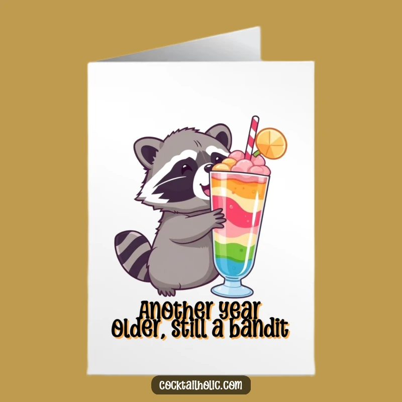 Free Printable Birthday Card: Funny Raccoon Cheers with Drink - Downloadable Gift