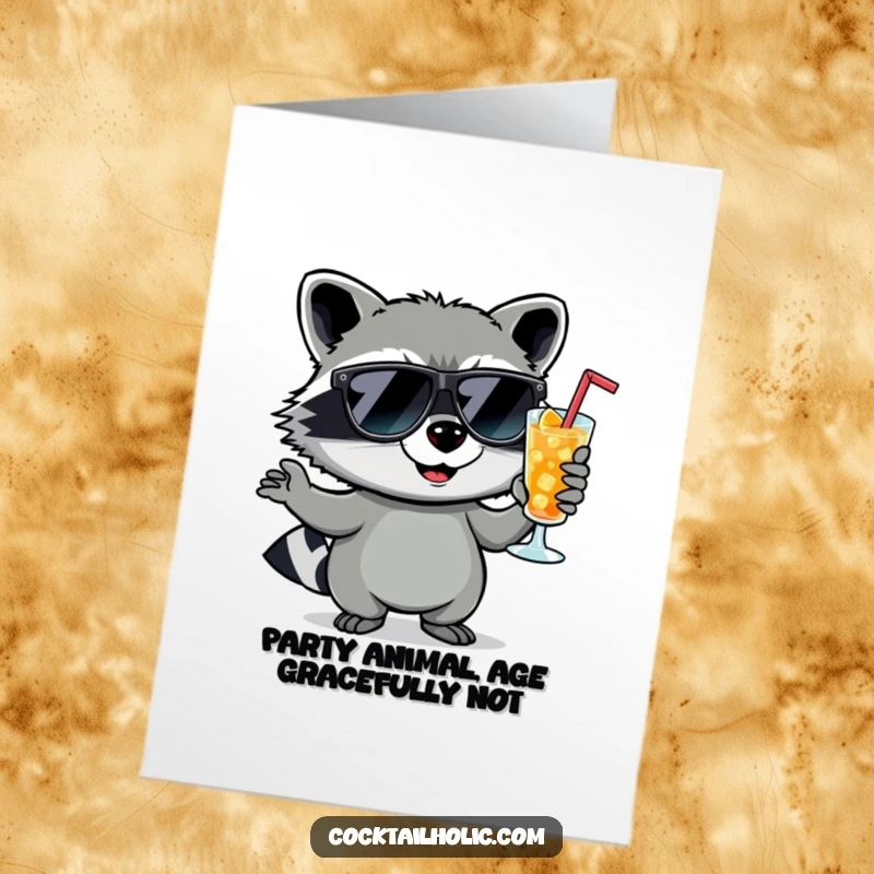 Funny Free Printable Birthday Card: Mischievous raccoon in sunglasses sips a cocktail with a sly smirk.