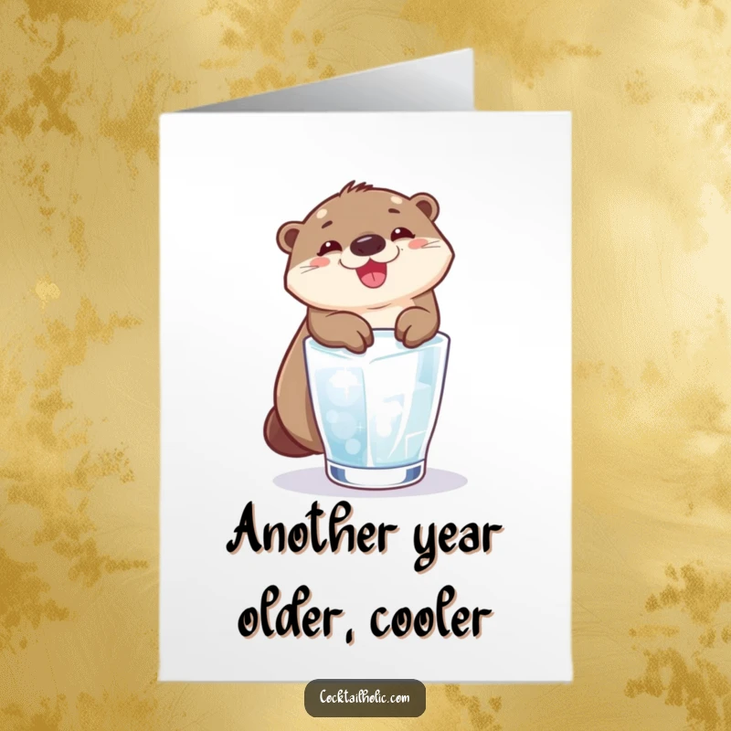 Funny Free Printable Birthday Card: A delighted otter gleefully slides down an ice cube into a glass.