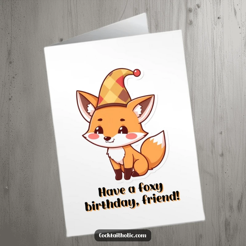 Funny Free Printable Birthday Card: Cute fox in a jester hat, tipping it with a wide, mischievous grin.