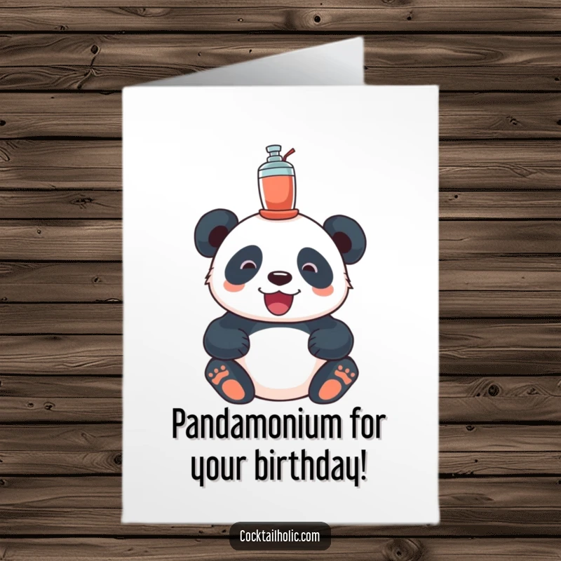 Funny Free Printable Birthday Card: A delighted panda perfectly balancing a tiny cocktail shaker on its head with a happy expression.