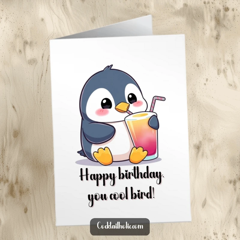 Funny Free Printable Birthday Card: A plump penguin wearing a party hat, happily sipping a colorful, bubbly drink with a contented expression.