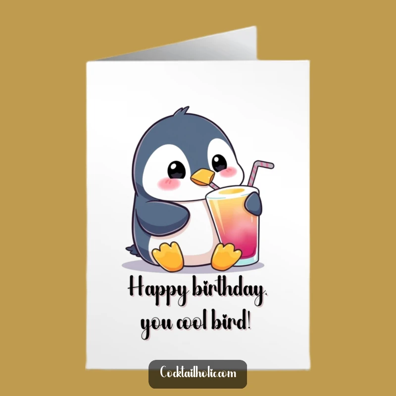 Free Printable Birthday Card: Penguin Sips Joy - Funny Penguin Downloadable Gift
