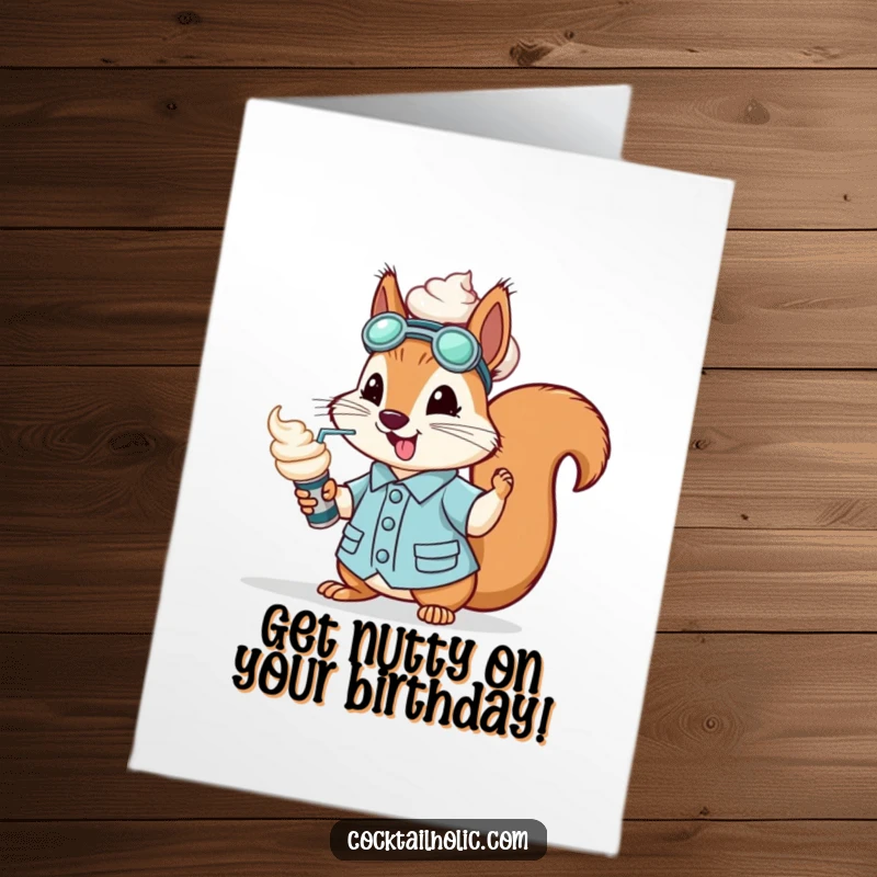 Funny Free Printable Birthday Card: A squirrel in a mixologist outfit sprays whipped cream from a can.
