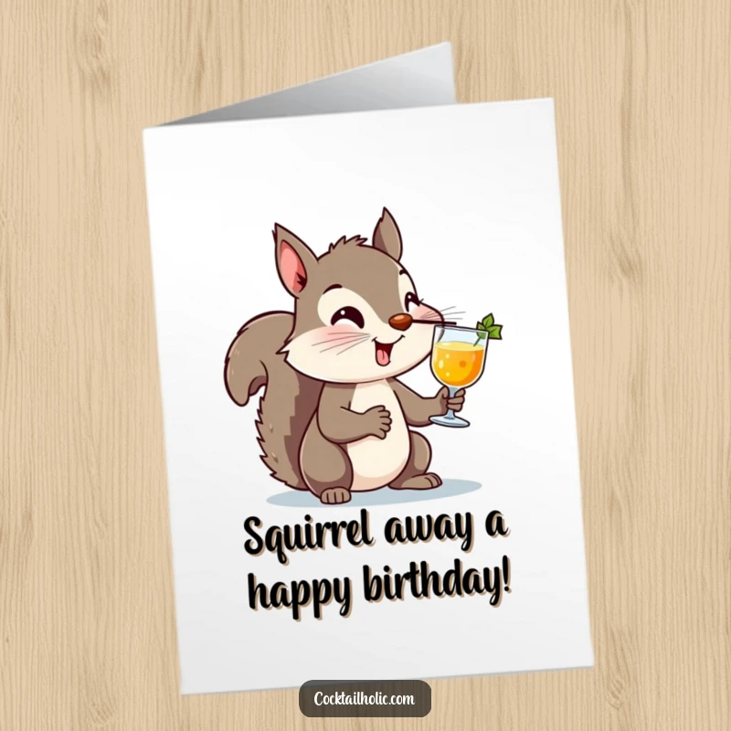 Funny Free Printable Birthday Card: A mischievous squirrel with intense focus balancing a cocktail glass perfectly on its nose, looking quite pleased.