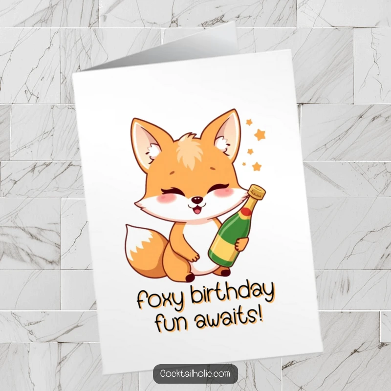 Funny free printable birthday card: a sly fox winks, holding a mini champagne bottle, ready to celebrate.