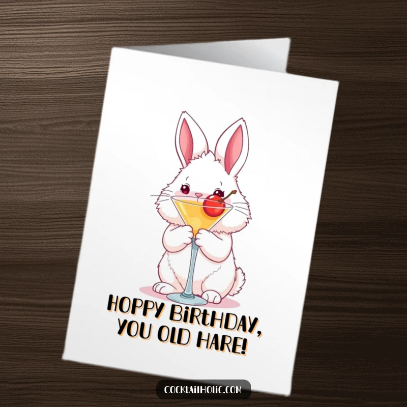 Funny Free Printable Birthday Card: Fluffy bunny holding a martini glass with a cherry, celebrating.