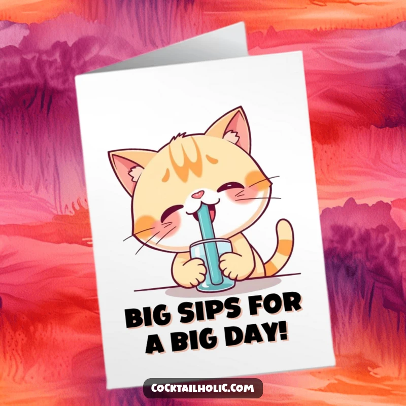 Funny Free Printable Cat Birthday Card: Giggling cat struggles comically with a giant straw, ready for birthday treats.