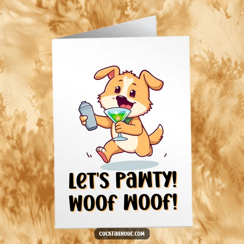 Funny Free Printable Birthday Card: Energetic dog gleefully chasing a cocktail shaker, ready for a fun birthday bash.