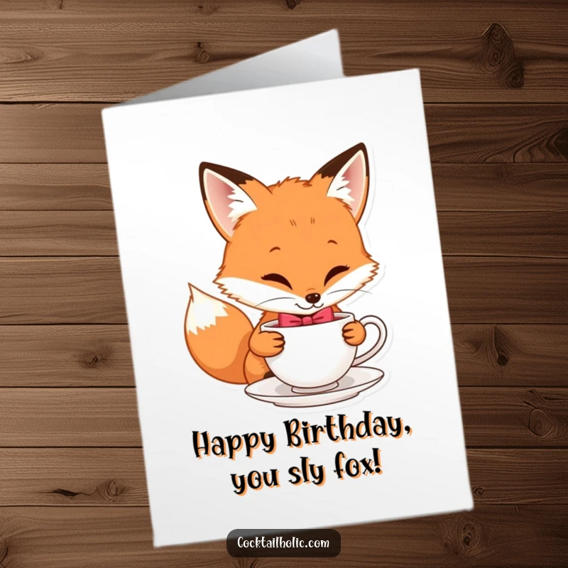 Funny Free Printable Fox Birthday Card: A playful fox in a bow tie sips tea, wishing a sophisticated happy birthday.