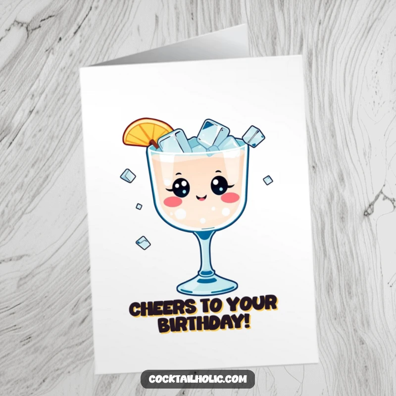 Funny Free Printable Birthday Card: Cute kawaii cocktail glass with eyes cheerfully juggles small ice cubes, embodying a lively celebration.