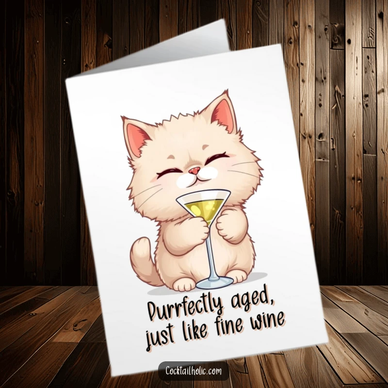 Funny Free Printable Birthday Card: A fluffy cat winks playfully while holding a tiny martini glass, ready for a celebration.
